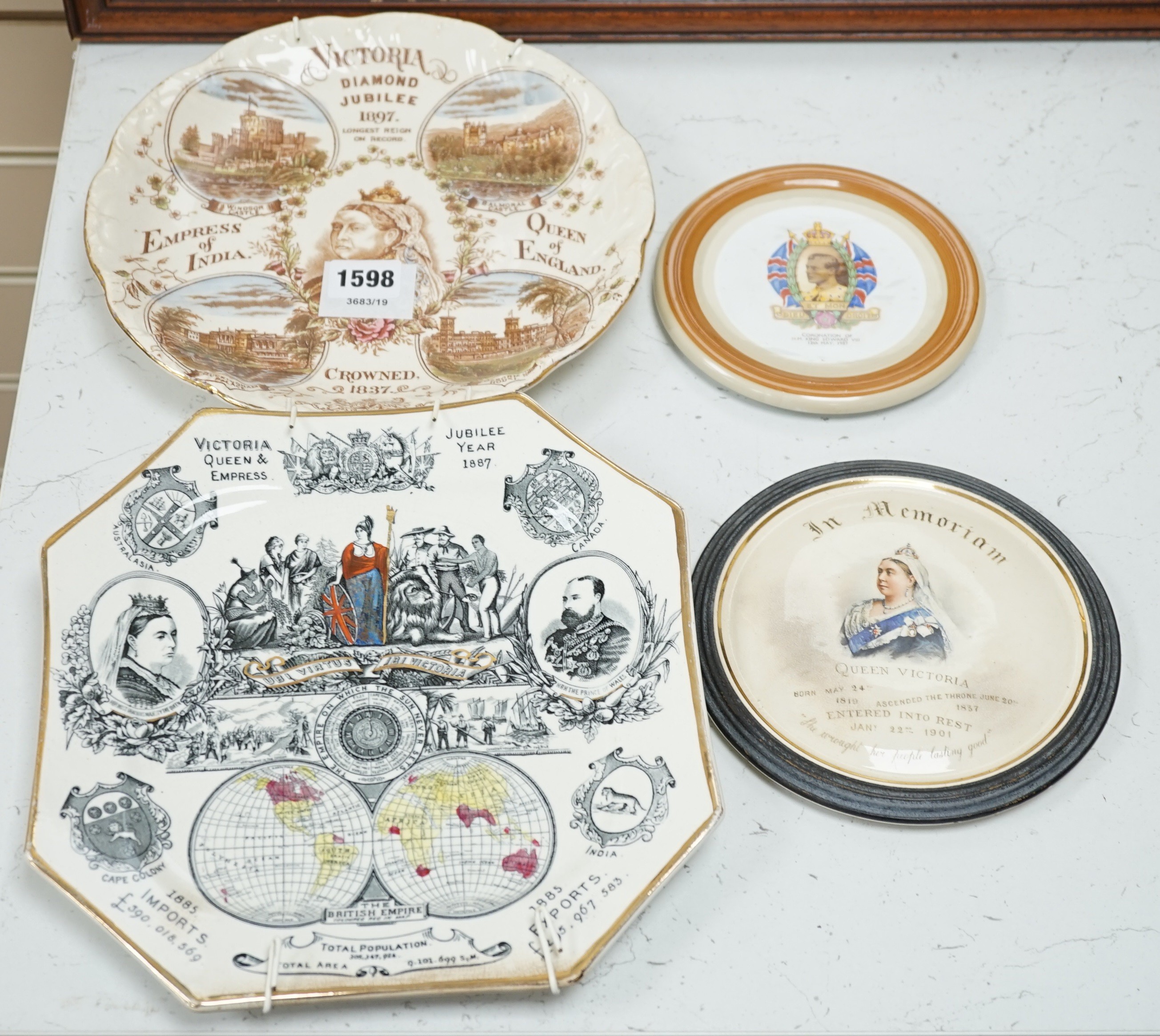 A Queen Victoria Balance of Payments plate, a memoriam plaque an 1897 Diamond Jubilee plate and a Diamond Jubilee procession chromolithograph